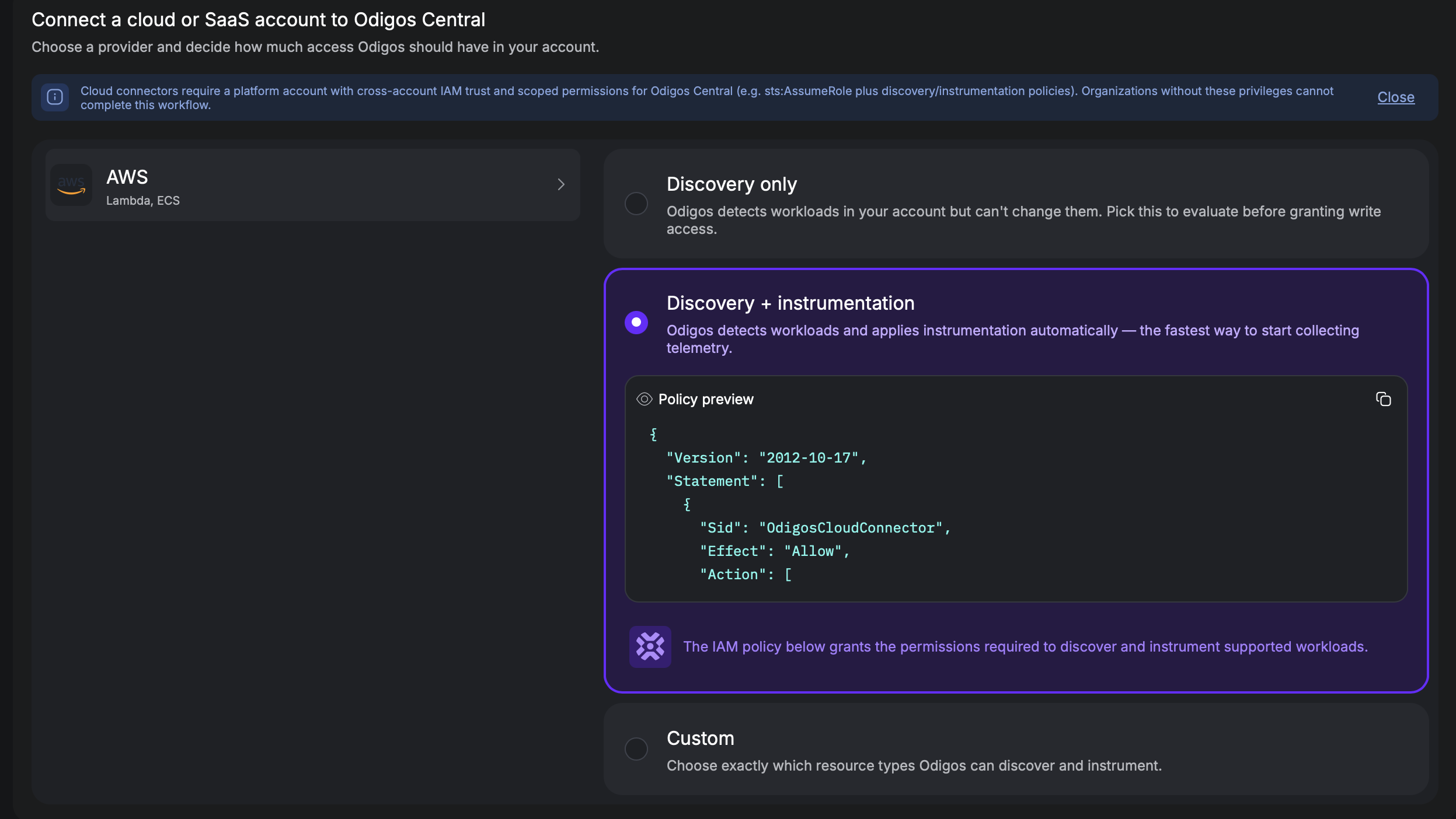 Choosing Discovery + instrumentation for an AWS connector