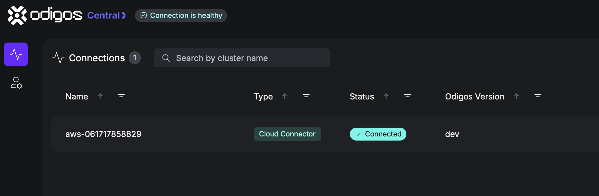 AWS Cloud Connector showing Connected in Odigos Central