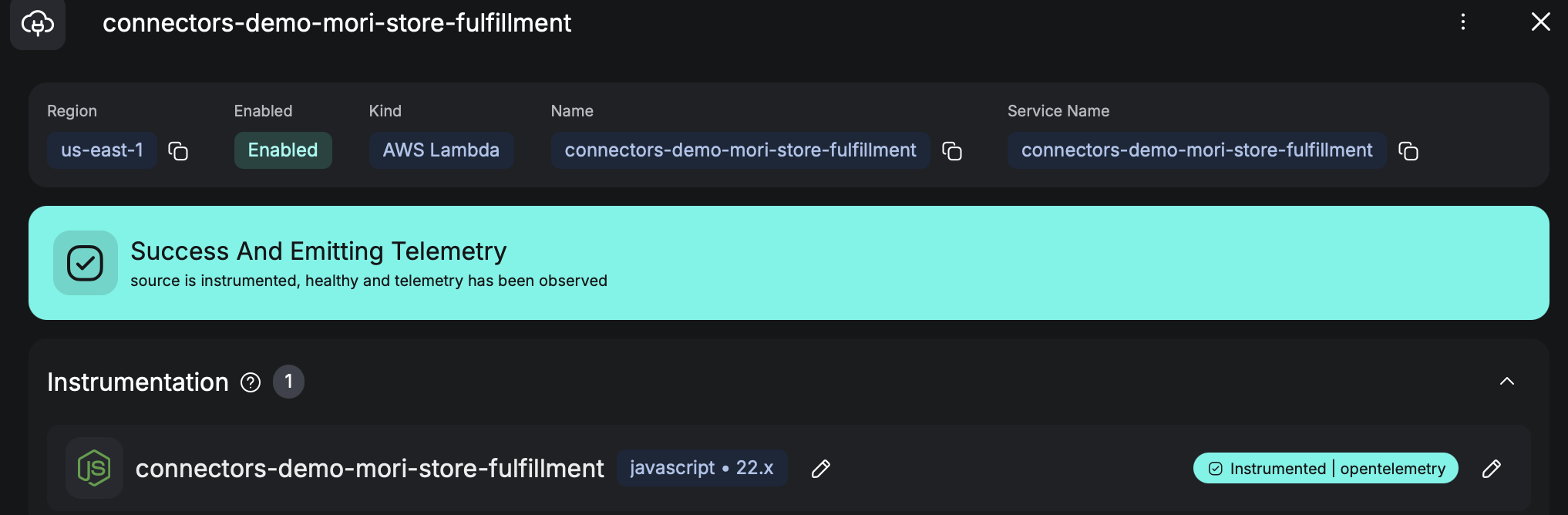 Instrumented AWS Lambda Source emitting telemetry